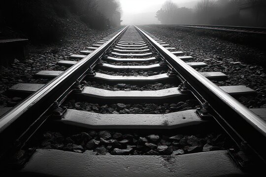 low angle view of wet railway tracks and sleepers disappearing into fog between trees, moody monochrome scene of solitude and distant vanishing point