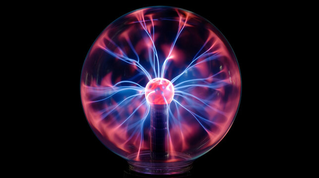 A glowing plasma ball emits vibrant pink and blue electric currents