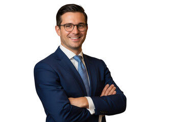 A man in a blue suit and tie is smiling isolated on transparent background