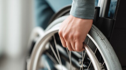 Obraz premium Close-up view of a wheelchair user's hand gripping the wheel inside a spacious room during daylight