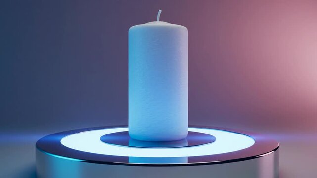 Rendered view of a candle on a metal circular stand with blue light accents on a soft purple and blue background
