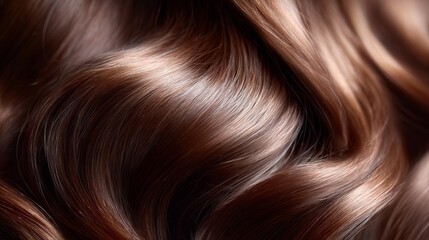 Naklejka premium Waves of smooth chocolate brown hair flow gracefully, reflecting light beautifully. Each strand showcases a rich texture, creating an enchanting sense of softness and allure