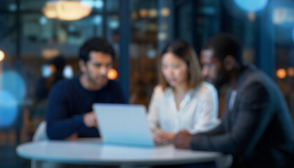 Three professionals are collaborating around a laptop in a modern office space. The scene appears blurred, highlighting their engagement and teamwork in a vibrant environment.