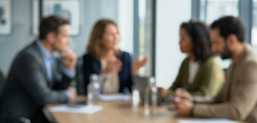 Blurred image of a business meeting with four people engaged in discussion around a table, showcasing collaboration and communication in a professional environment.