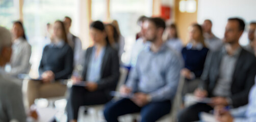 Blurred image of a group of people seated in a conference or seminar setting. Participants focus on a speaker in front. The atmosphere is professional and educational.