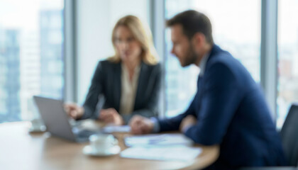 Blurred image of two professionals interacting in a modern office setting. One person is pointing at a laptop screen while the other person observes. Windows provide natural light.