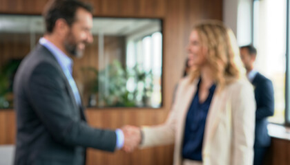 Two professionals shake hands in a modern office setting. The image appears blurred and depicts a business meeting with colleagues in the background.