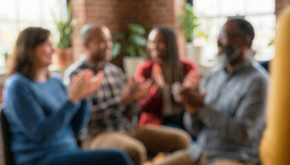 Blurred image of a group of people sitting indoors, clapping their hands together. The scene is set in a well-lit environment with plants visible.