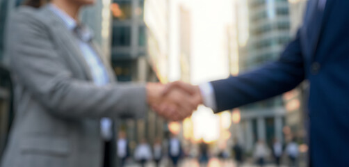 Two business professionals engaged in a handshake while in an urban setting. The scene is blurred, suggesting a dynamic atmosphere with skyscrapers in the background.