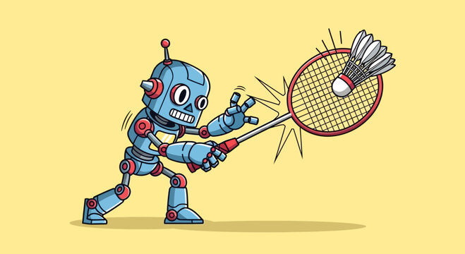 Cartoon robot plays badminton hitting shuttlecock with racket