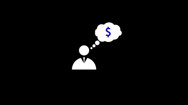 Minimal black background with white businessperson icon thinking about money, shown as thought bubble with dollar sign. Concept of finance, profit, salary, budgeting, investment.