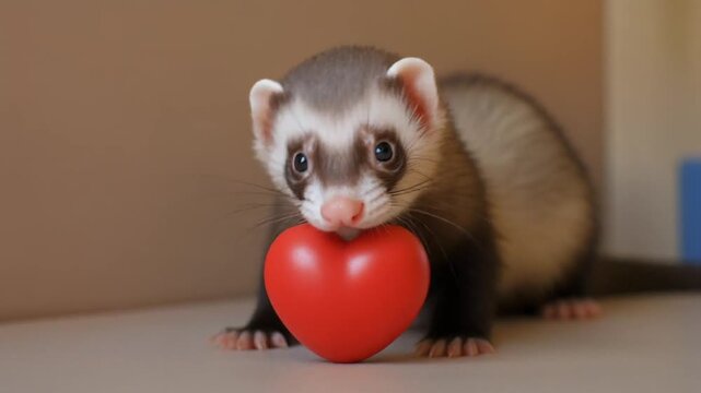 Ferret holding red heart on floor indoors on blur background