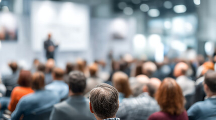 A large audience is listening to a speaker in a conference room with a blurred background