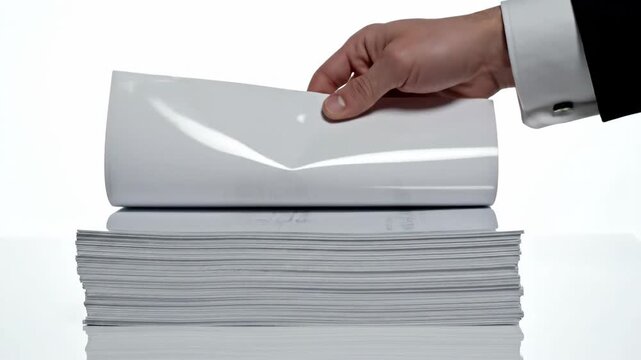 Man in suit picks through a thick stack of white paper on a shiny white surface