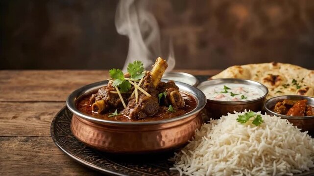 Steaming Mutton Rogan Josh curry served in traditional copper bowl with basmati rice, naan bread and raita on rustic wooden table