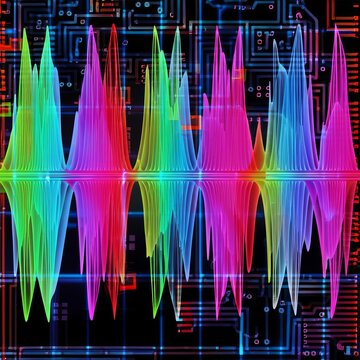 Sinusoidal waves and electronic patterns in bright colors provid