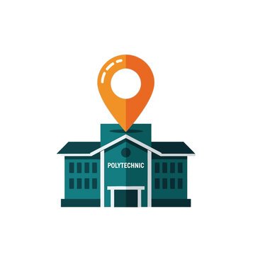 Teal polytechnic building illustration with an orange map pin icon on top