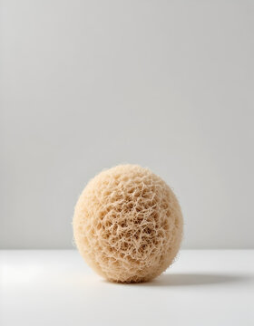 Minimalist Natural Loofah Sponge Ball on White Background