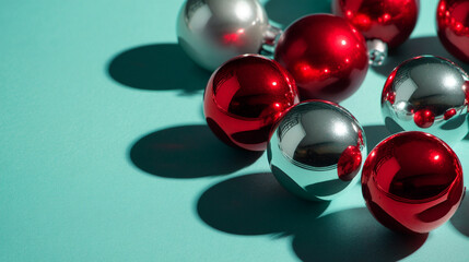 A collection of shiny red and silver Christmas ornaments on a teal background