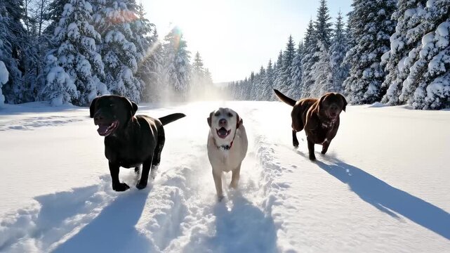 ee playful dogs with joyful mood running through deep snow against winter forest background