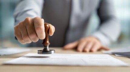 Document authorization scene with an adult applying a stamp on papers in an office setting