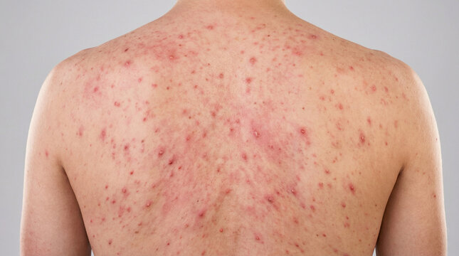 Medical image of severe acne on human back with inflamed pimples and redness. Dermatology healthcare concept, cropped body part, no face visible, non-sexual and educational.