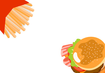 Hamburger and French Fries Background Frame Vector Illustration with Copy Space