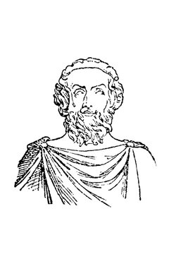 Homer, the legendary ancient Greek epic poet, depicted as a blind bard with a lyre, showing classical mythology and literary iconography, old vintage illustration, 1897.