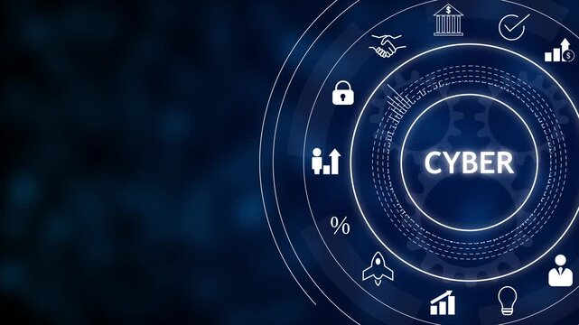 Futuristic cyber security interface on blue background with circular hud, "cyber" text, and icons for lock, bank, analytics, cloud, user, shield, and compliance.