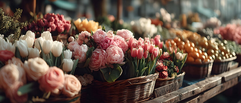 A lively flower market stall featuring a variety of blooming flowers, including pink peonies and tulips, beautifully arranged in woven baskets. soft light enhances the natural colors, creating a fresh