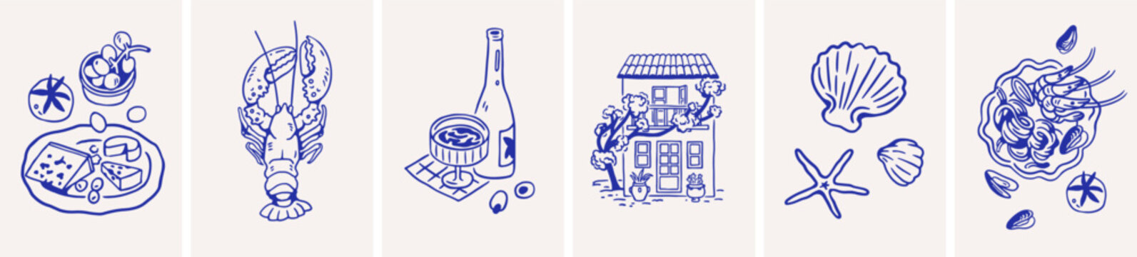 Dolce vita posters set. Italian holiday cards with outline sketch drawings, lobster, sea food, cheese snack, wine bottle, seashells. Designs in doodle scribble style. Flat vector illustrations