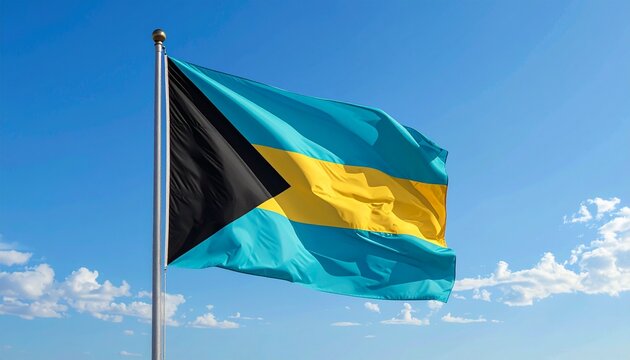 The flag of The Bahamas waving in the wind, symbolizing national pride and tropical paradise, perfect for travel and tourism projects