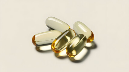 Pile of translucent yellow and white gel capsules, omega-3 fish oil supplements, vitamins, or medication on a light background
