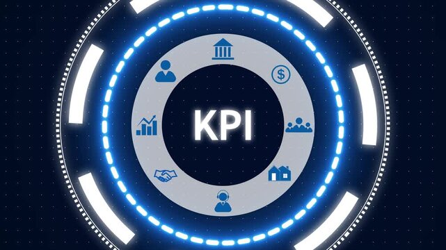 Dark tech-style circular kpi infographic with blue neon rings and icons around a central kpi label