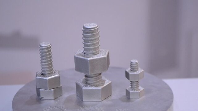 Object printed on 3D printer from metal powder by laser sintering. Twisting metal detail and thread created on metal 3D printer. New modern technologies. Selective laser melting 3D printing technology