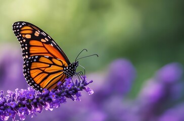 Obraz premium Delicate orange and black butterfly perched on vibrant purple flowers with soft green blurred background, peaceful and serene mood