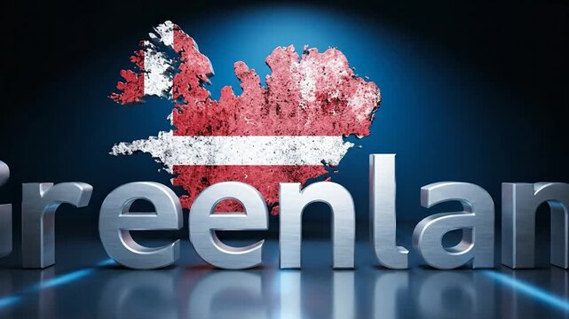 3D rendered silver "Greenland" text with a map in red & white, on a reflective surface