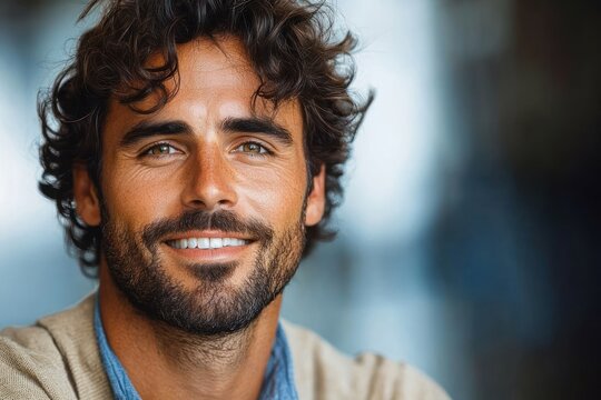 curly-haired man in beige sweater over blue shirt with stubble, calm and contemplative upper-torso portrait against a soft cool-toned blurred background