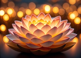 Lotus flower candle glowing in warm bokeh light, serenity meditation symbol
