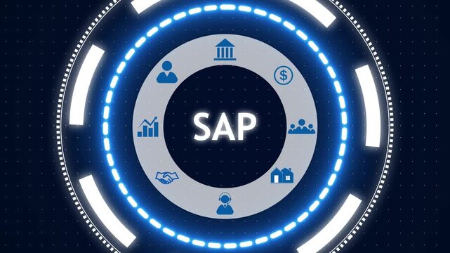 Blue and gray circular SAP infographic with tech rings, icons for finance, users, analytics, handshake, house, support; futuristic neon UI style