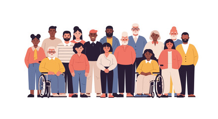 Diverse group of people with different abilities standing together in unity and solidarity, conveying a sense of community, equality, and inclusion on a white background with a flat lay