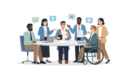 Diverse team collaborating around a table with a person in a wheelchair, conveying unity and inclusion in a modern office setting with a clean white background.