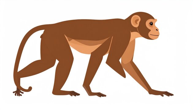 Cartoon illustration of a brown monkey walking on four limbs. Bright white background