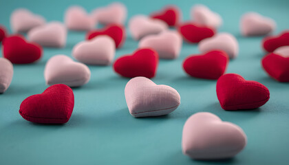 A scattered arrangement of plush pink and red hearts against a soft teal background high quality
