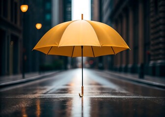 Yellow umbrella in rainy city street, moody weather protection concept
