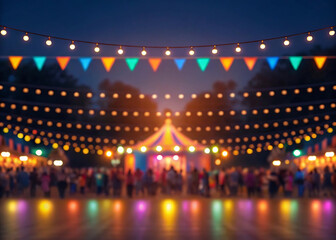 Carnival tent with string lights bokeh, festive night celebration background
