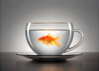 Goldfish in glass tea cup on saucer, surreal minimal concept on white
