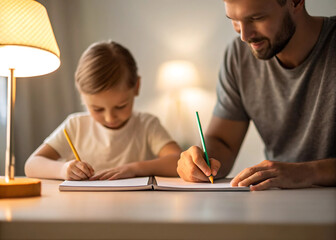 Dad and child writing together, home tutoring and early education
