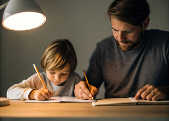 Father helping child with homework at table, family education moment

