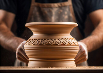Decorated clay bowl with carved band, handmade pottery craftsmanship
